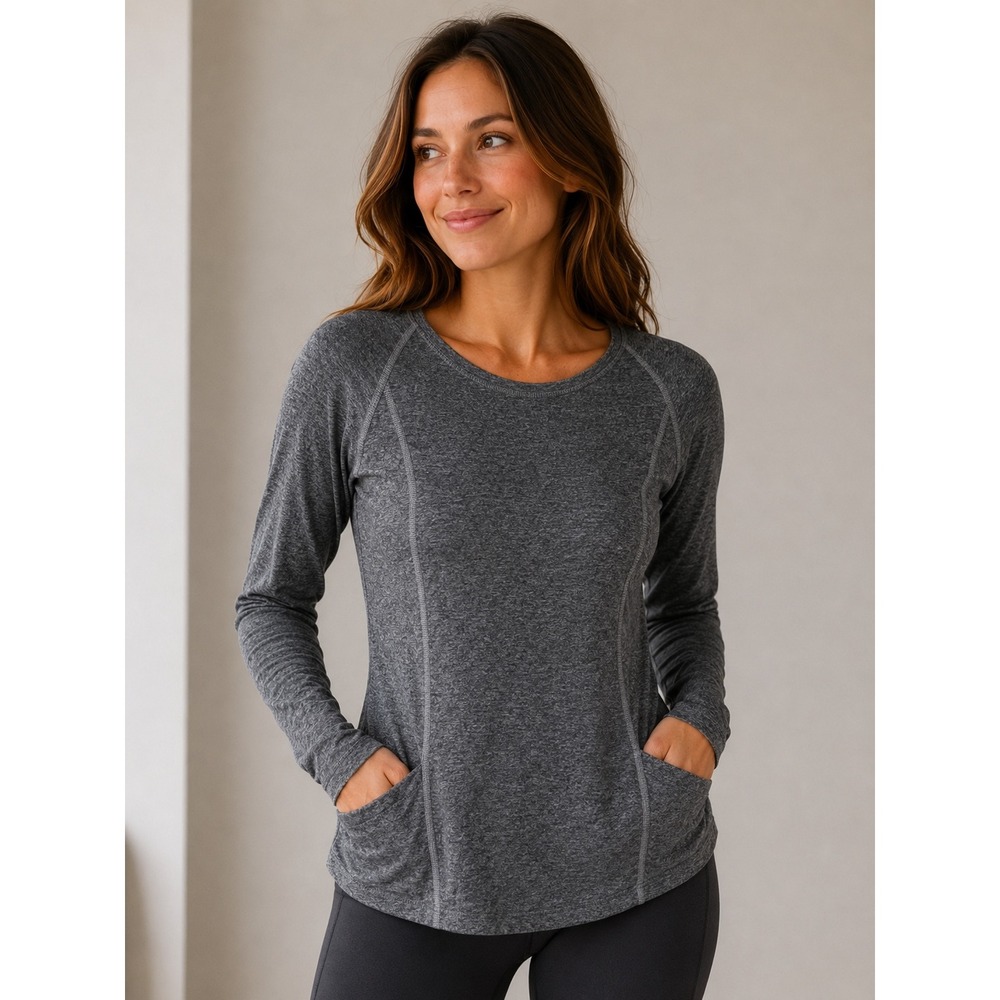 Beyond Yoga Out of Pocket Gray Space Dye Long Sleeve with Pockets Large